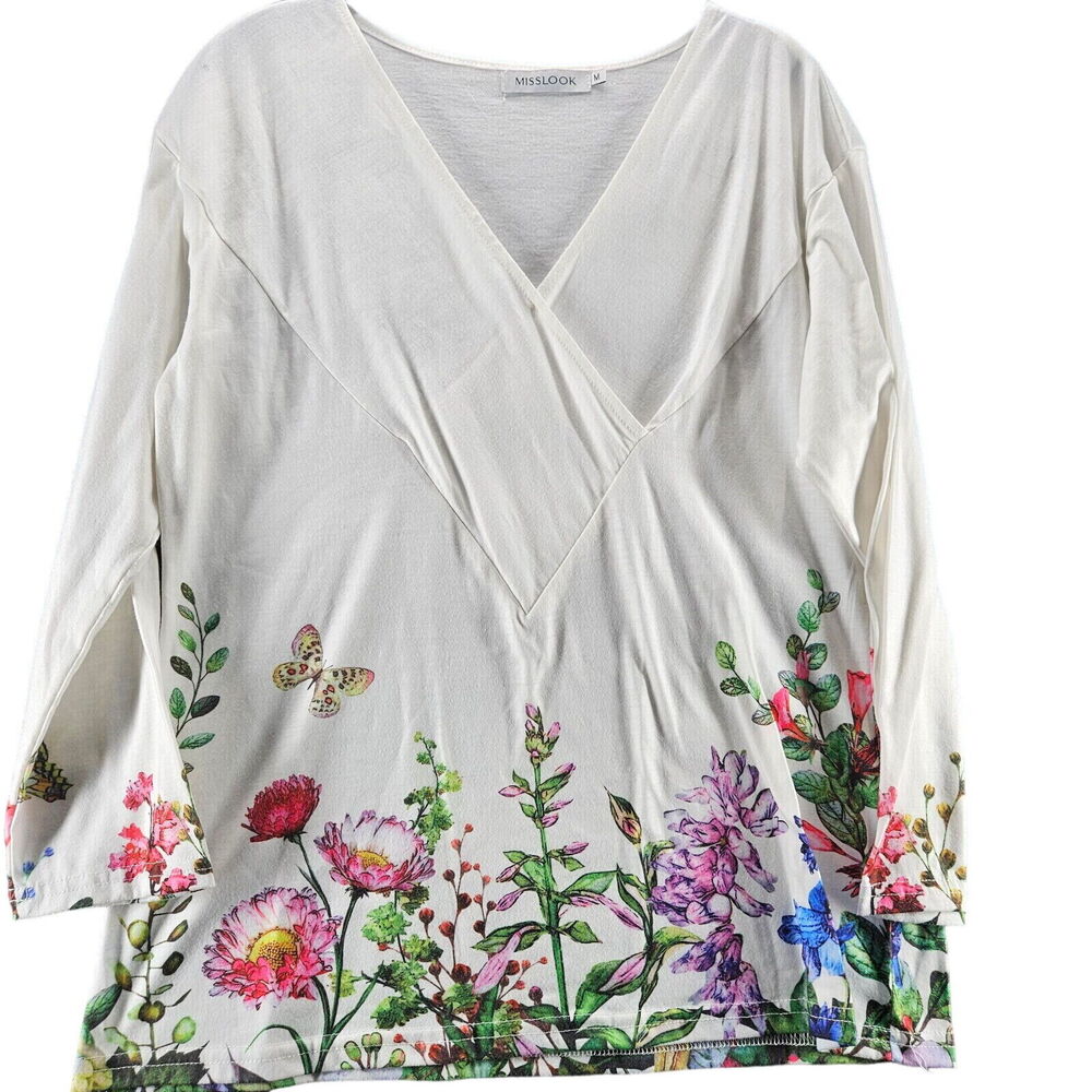 Misslook Womens Blouse Multi-Color Size Medium 3/4 Cotton Blend Floral Design